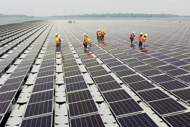 Solar panels over the water surface of Sirindhorn Dam in Ubon Ratchathani