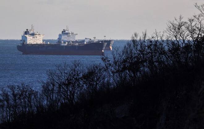 Crude oil tankers lie at anchor in Nakhodka Bay