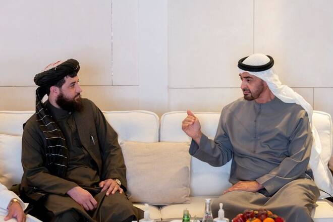 President of the UAE Sheikh Mohamed bin Zayed Al Nahyan meets with Afghanistan's Acting Defence Minister Mullah Mohammad Yaqoob at Al-Shati Palace in Abu Dhabi