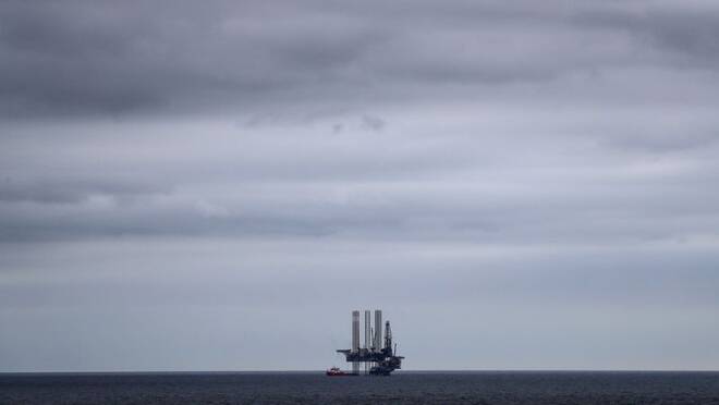 An oil platform operated by Lukoil company is seen at the Korchagina oil field in Caspian Sea
