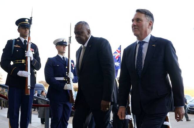 U.S. Defense Secretary Lloyd Austin welcomes Australian Defense Minister Richard Marles at the Pentagon in Washington