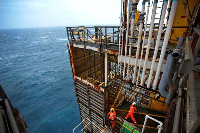 Employees work on the BP Eastern Trough Area Project (ETAP) oil platform in the North Sea, around 100 miles east of Aberdeen