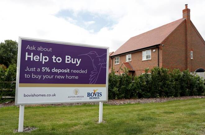 A "help to buy" sign is pictured next to new houses in Aylesbury