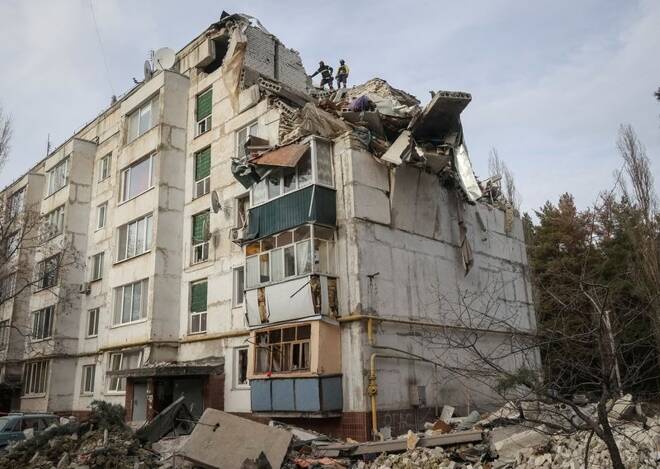 A view shows a residential building damaged by a Russian missile strike near the town of Chuhuiv
