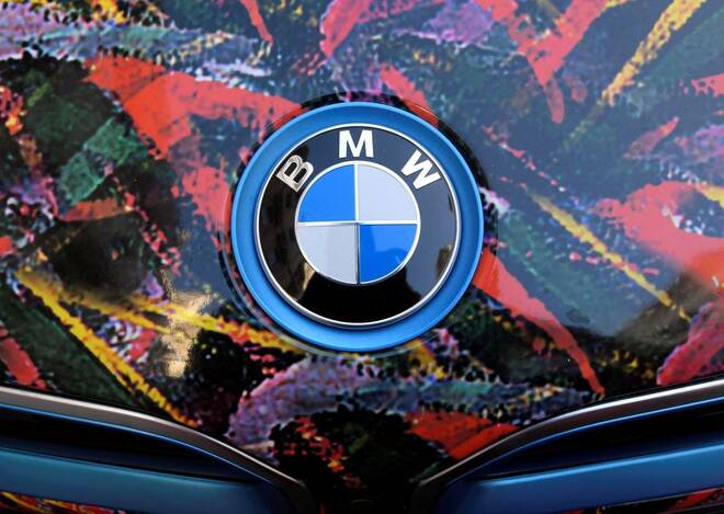 BMW logo is seen on the bonnet of a colour wrapped vehicle in London