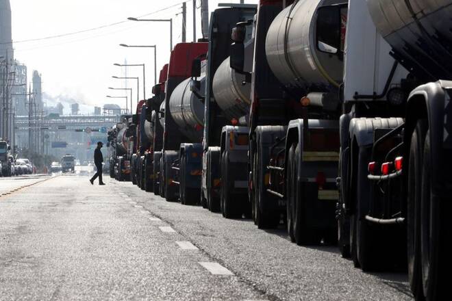 Trucks carrying chemical materials are stopped and parked at industrial complex in Yeosu