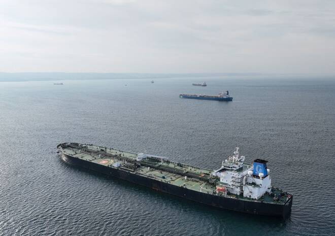 Oil tankers wait at anchorage in the Black Sea off Kilyos near Istanbul