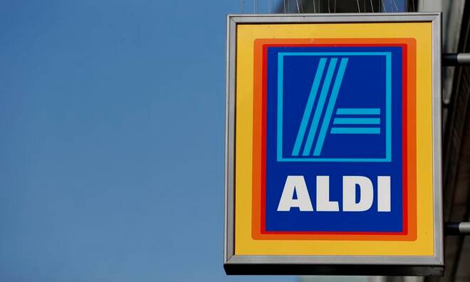 File photo of a company logo outside a branch of an Aldi supermarket in Manchester
