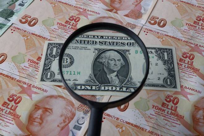 A U.S. one dollar banknote is seen through a magnifying lens on top of Turkish lira banknotes in this illustration