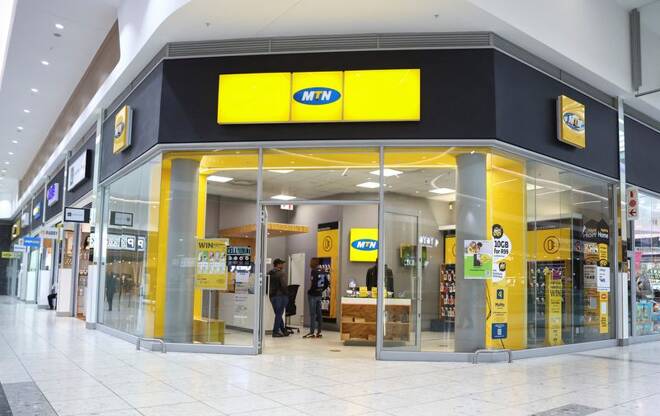 Customers are seen at an outlet of South Africa's MTN Group in Johannesburg
