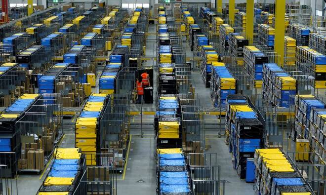 Employees handle packages at an Amazon logistic center in Mannheim