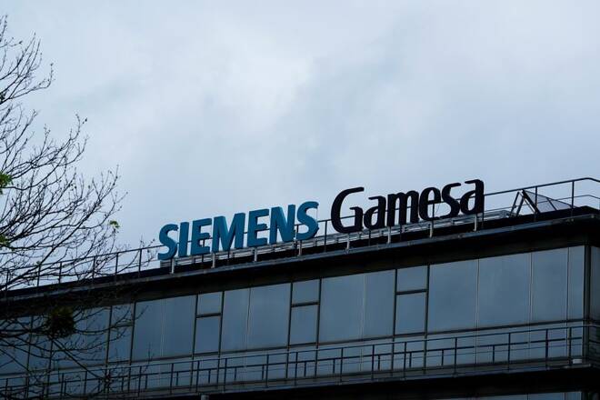 Siemens Gamesa sign displayed at headquarters in Zamudio
