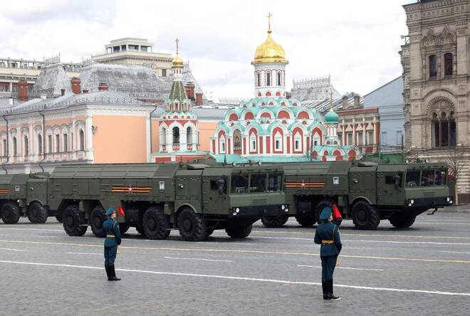Iskander-M missile launchers drive during a rehearsal for the Victory Day military parade in Moscow