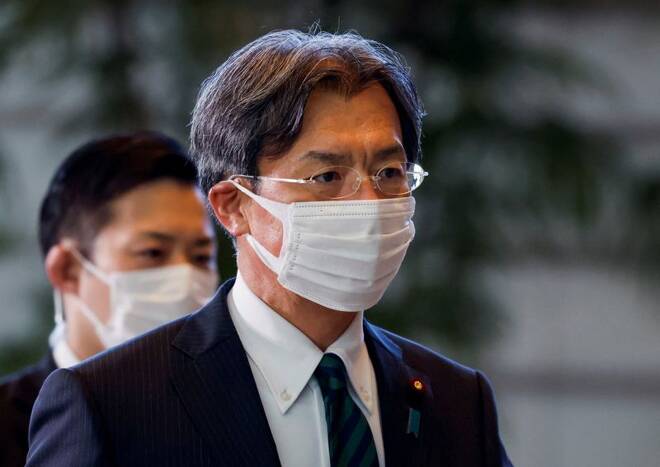 Japan's Reconstruction Minister Kenya Akiba arrives at Prime Minister Fumio Kishida's official residence in Tokyo
