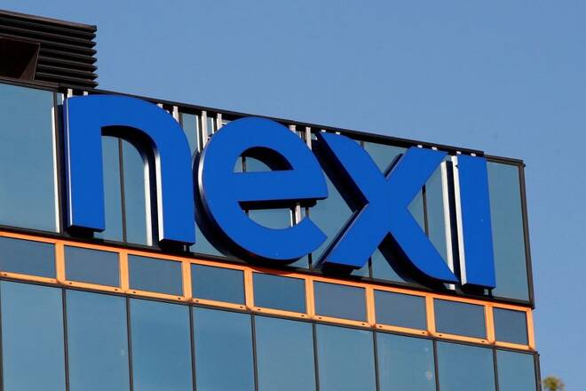 The logo of Italian payments group Nexi at its headquarters in Milan
