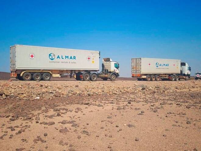 A convoy of trucks from the International Committee of the Red Cross (ICRC) deliver lifesaving medical supplies are seen on the road to Mekelle
