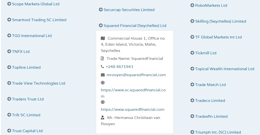 Squared Financial (Seychelles) Ltd record on FSA