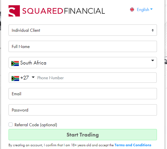 Account registration at Squared Financial