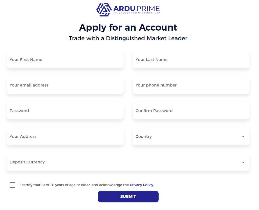 Ardu Prime’s account registration form