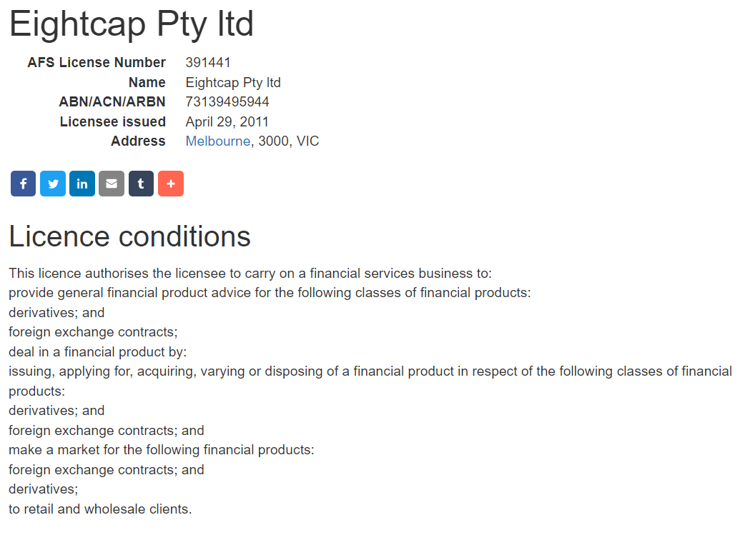 Eightcap Pty Ltd’s licensing info on asic.gov.au