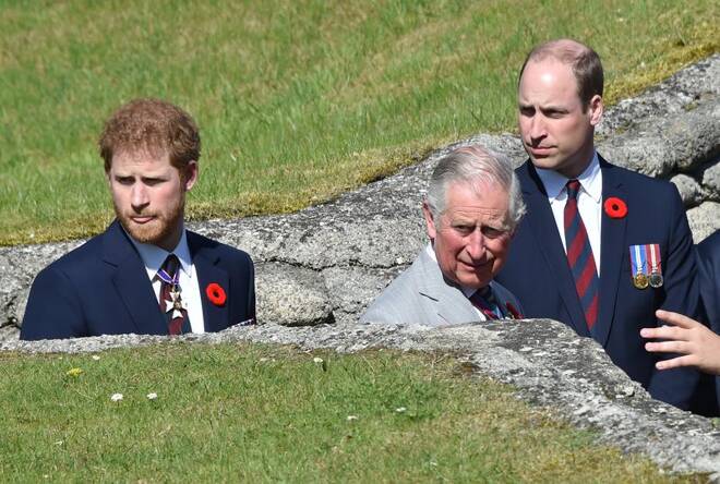 Britain's Charles, Prince of Wales, Britain's Prince William, Duke of Cambridge and Britain's Prince Harry visit the Canadian National Vimy Memorial in Vimy