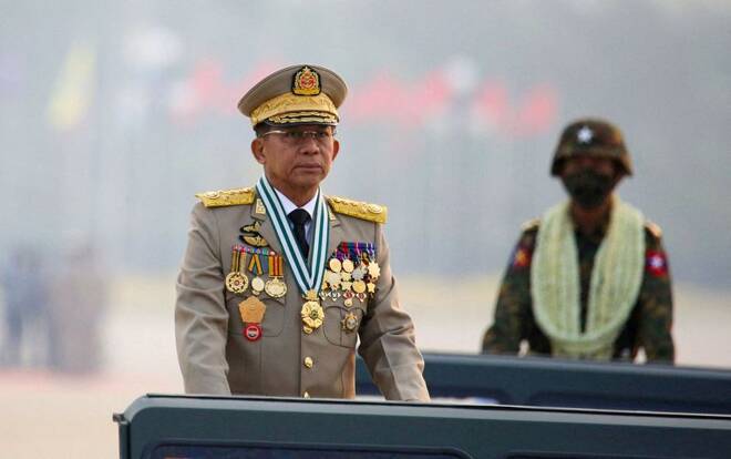 Myanmar's junta chief Senior General Min Aung Hlaing presides over an army parade on Armed Forces Day in Naypyitaw