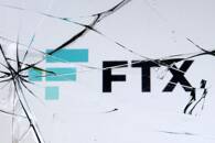 Illustration shows FTX logo and broken glass