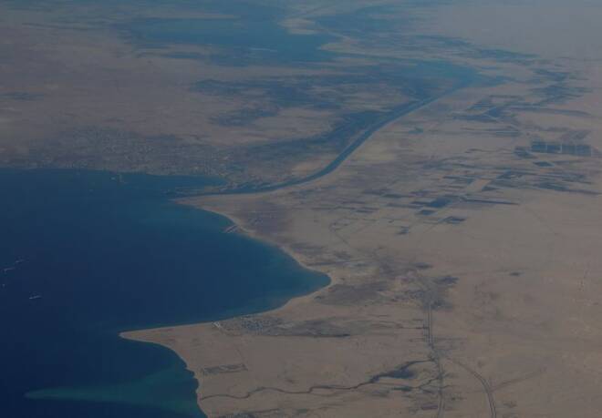 An aerial view of the Gulf of Suez and the Suez Canal are pictured through the window of an airplane