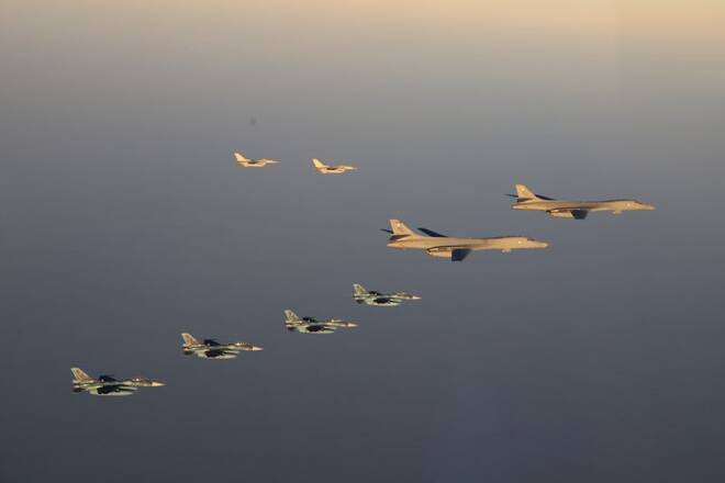 Japan Air Self-Defense Force's F-2 fighters hold a joint military drill with U.S. B-1B bombers and F-16 fighters off Japan's southernmost main island of Kyushu, Japan