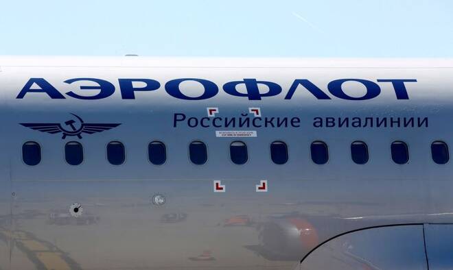 The logo of Russia's flagship airline Aeroflot is seen on an Airbus A320 which landed after an inaugural trip at the Marseille-Provence airport in Marignane