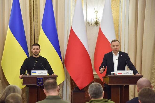 Ukraine's President Zelenskiy and Poland's President Duda attend a joint news briefing with Lithuanian President Nauseda in Lviv