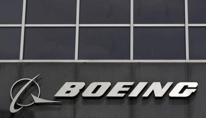 Photo of Boeing logo at their headquarters in Chicago