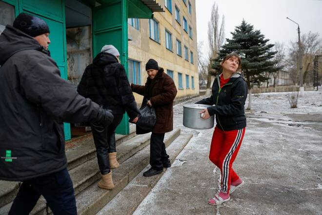 Evacuees from Soledar stay at a temporary accommodation centre in Shakhtarsk