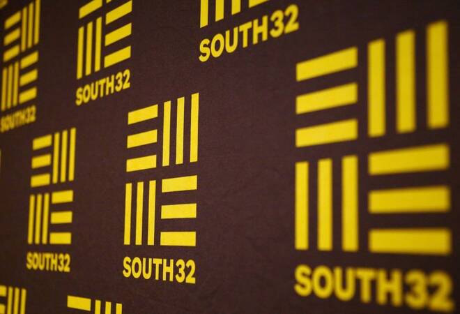 The logo of Australian miner South32 can be seen at the venue of a media conference in Perth