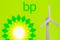 A 3D printed windmill is seen in front of displayed BP (British Petroleum) logo in this illustration picture