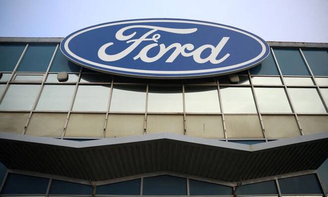 Signage is seen outside the Ford Halewood transmissions plant in Liverpool, Britain