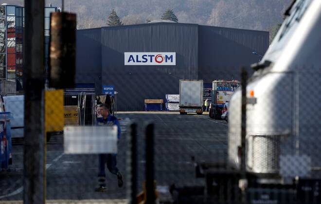 The logo of Alstom is seen at the company's TGV high-speed train factory in Belfort
