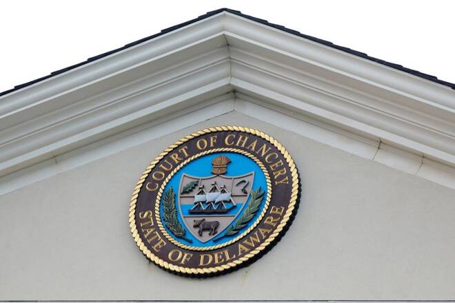 The seal of the Court of Chancery for the State of Delaware is seen on the Sussex County Court of Chancery in Georgetown, Delaware