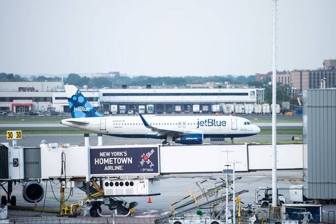 JetBlue event marking first transatlantic flight between New York and London at JFK International Airport in New York City