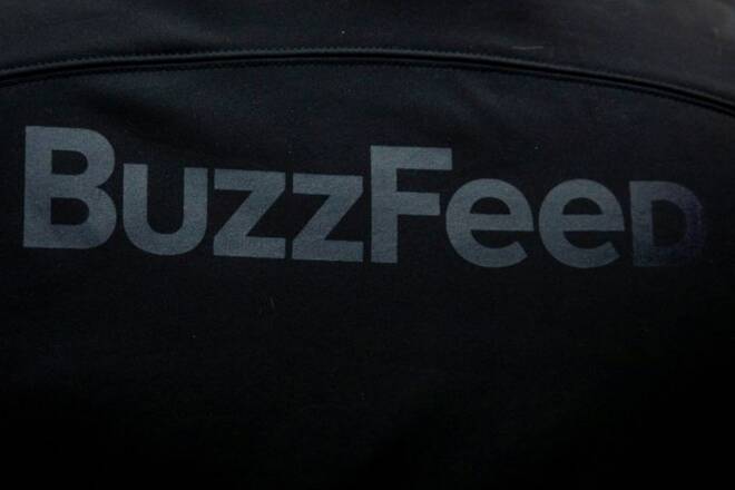 A BuzzFeed sign is seen during the company's debut outside the Nasdaq Market in Times Square in New York City