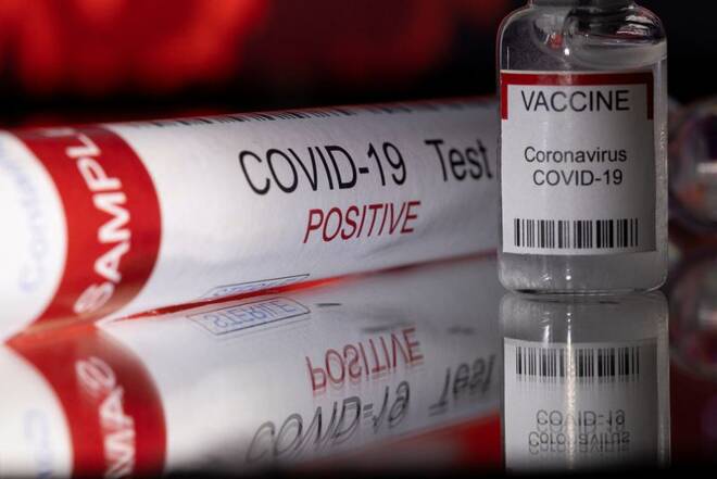 Illustration shows a test tube labelled "COVID-19 Test positive" and a vial labelled "VACCINE Coronavirus COVID-19
