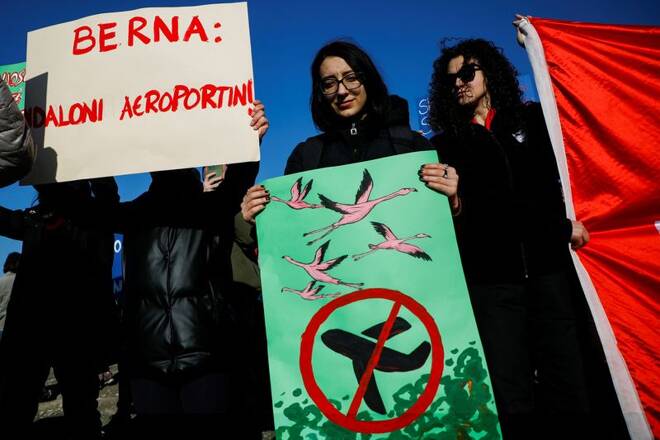 Albanian environment activists protest against the new airport in the Vjose-Narte area