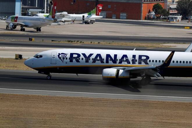 A Ryanair plane taxis at Lisbon airport