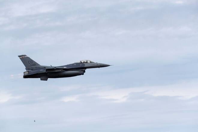 U.S. Air Force F-16 Fighting Falcon during NATO exercise Saber Strike flies over Amari military air base