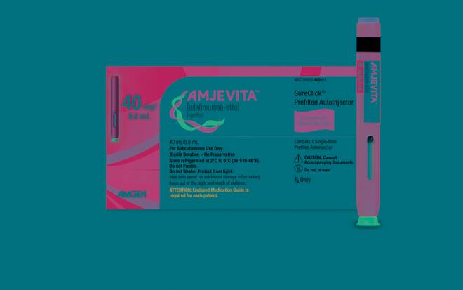 An illustration of the packaging for Amgen Inc's Amjevita as well as the 40 milligram auto injector containing a bio similar version of AbbVie's Inc's Humira