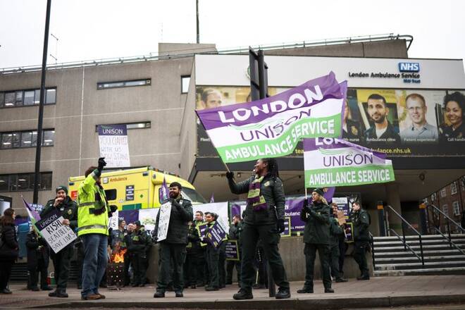 Ambulance workers take part in a strike, in London