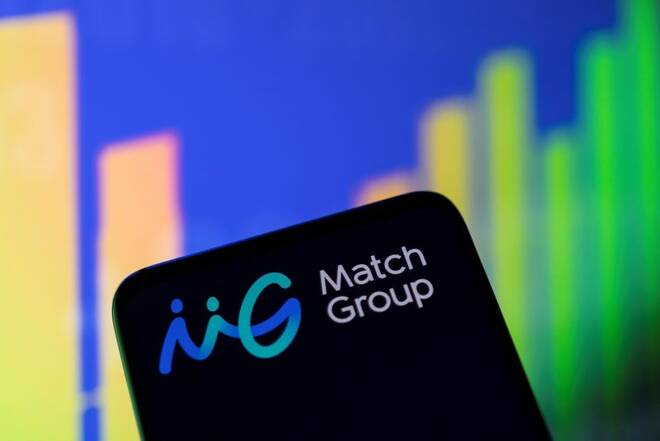 Illustration shows Match Group logo and stock graph