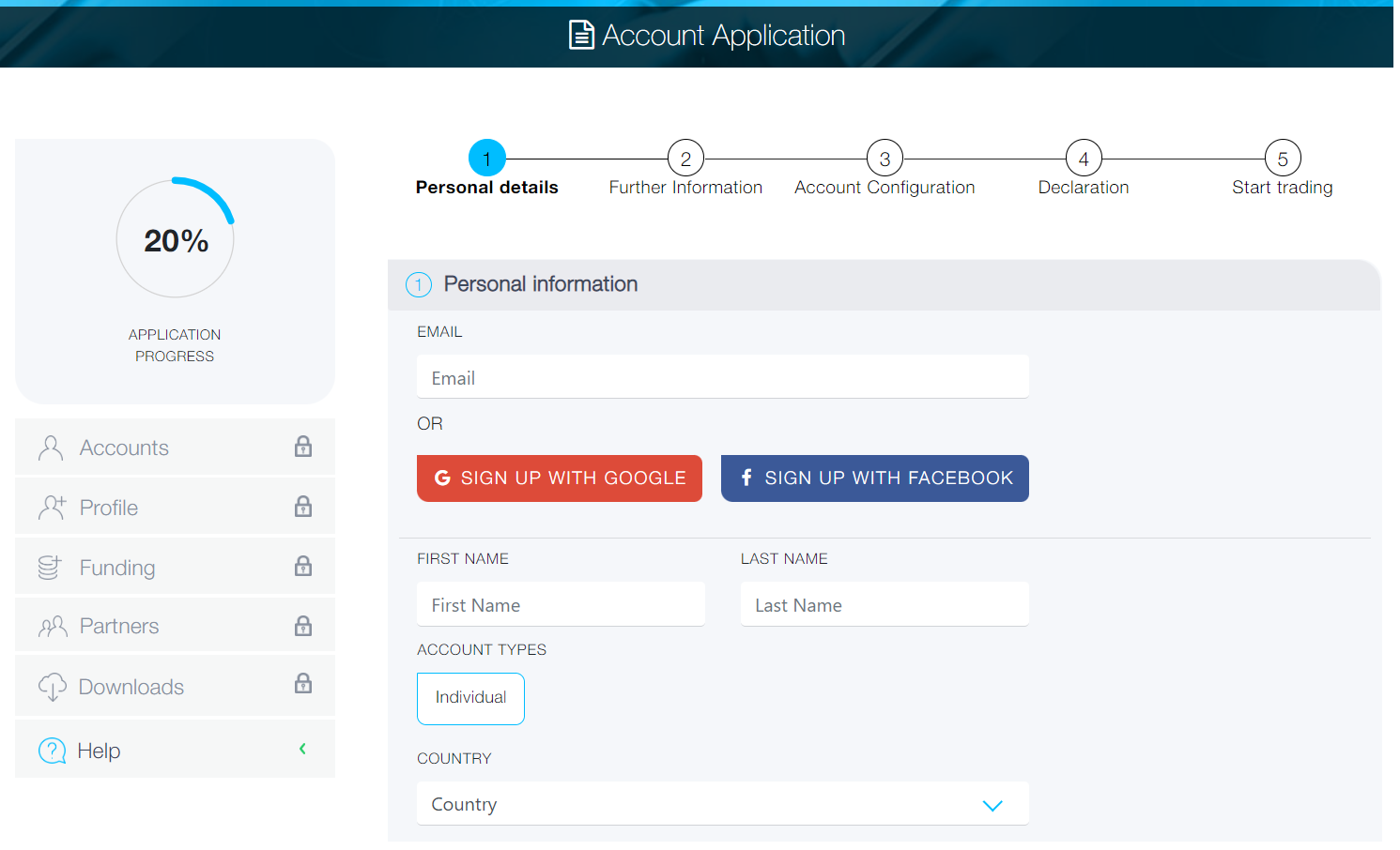 FP Markets’ account application form