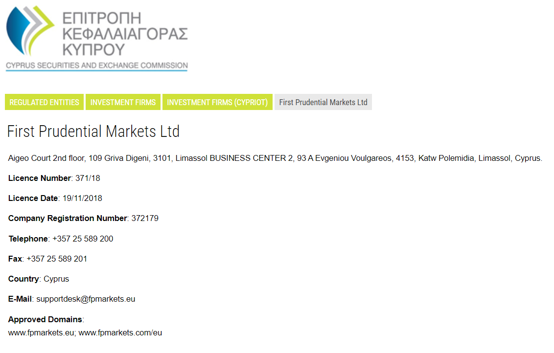 First Prudential Markets Ltd.’s licensing info on cysec.gov.cy
