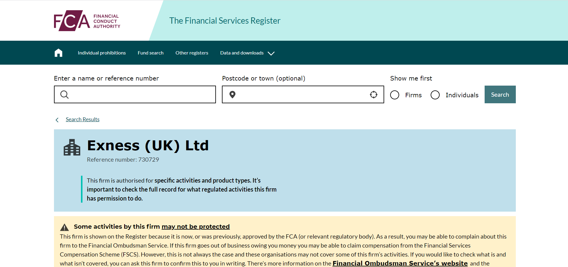 Exness on the Financial Conduct Authority (FCA) Register